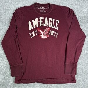American Eagle T-Shirt Men's Small Red Long Sleeve Crew‎ Neck Logo Spellout